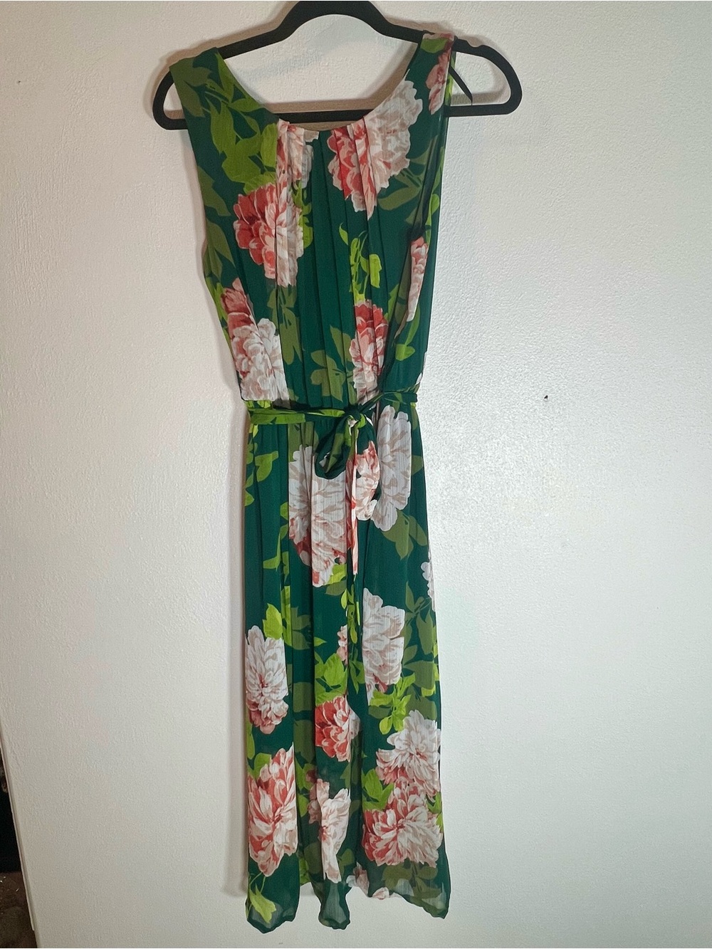 Enfocus Studio Green Pink Floral Maxi Dress Size 14 Sleeveless Belted